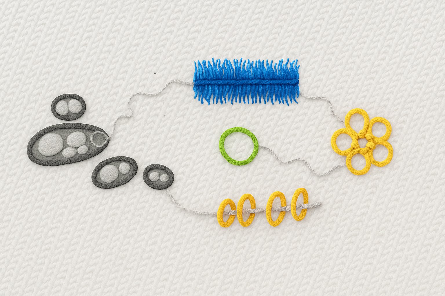 Hand-stitched illustration of polymer architectures: a bottlebrush, a ring, a star of rings, rings threaded on a chain, and assembled nanoparticles, joined by grey thread
